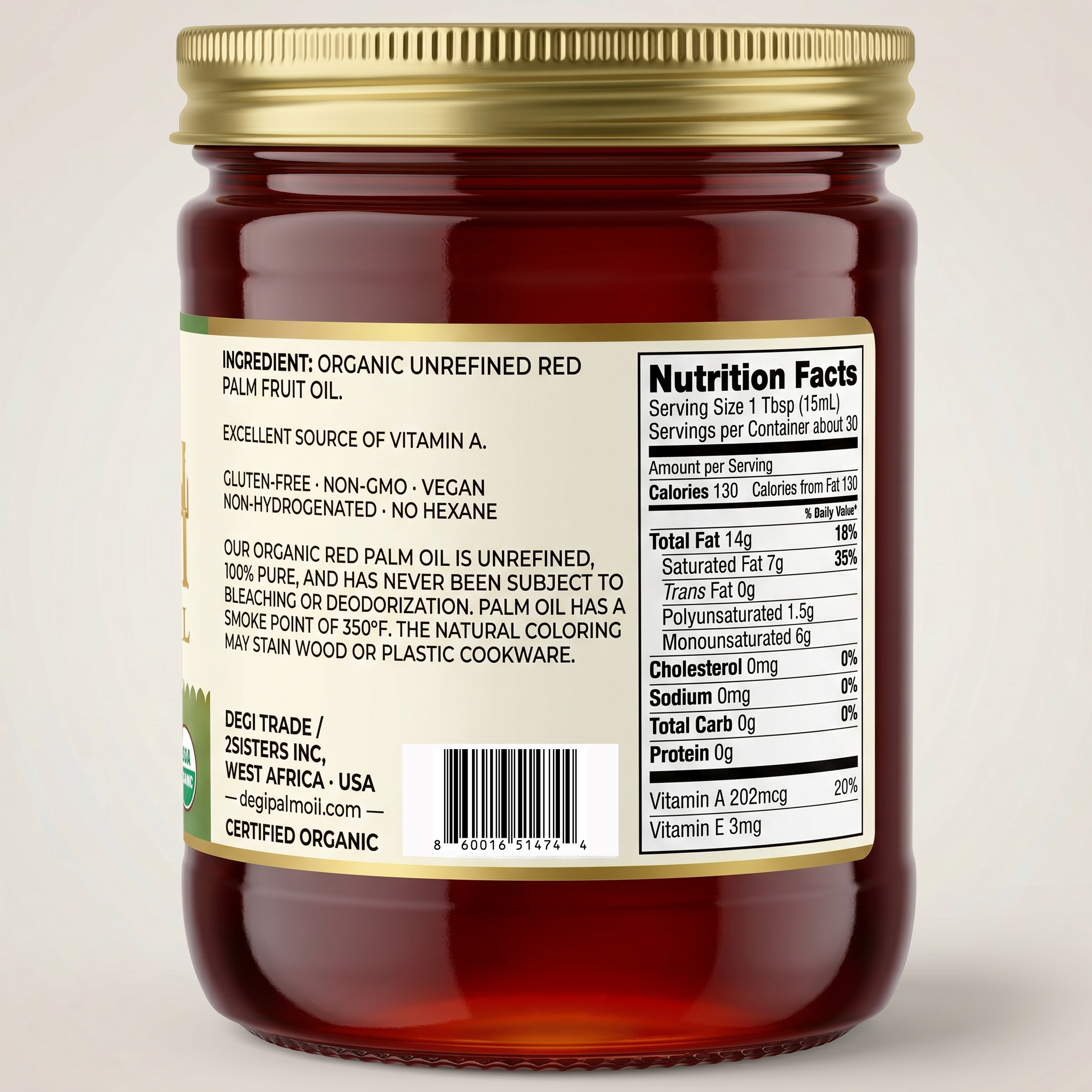 DEGI Palm Oil Clear Glass jar — back label with nutrition facts